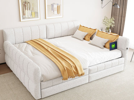Queen Upholstered Platform Bed With USB Charging And 2 Storage Drawers - White