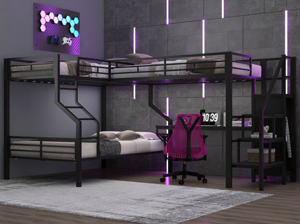 Twin Over Full L Shaped Bunk & Loft Bed With Built-In Wardrobe, Desk, And USB Ports - Black