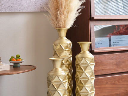 Metal Decorative Vase High Distress Metal Center Vase With 3D Triangle Pattern, (Set of 3) Vases For Home Decoration - Gold