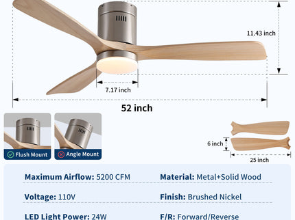 Low Profile Flush Mount Intergrated LED Ceiling Fan With Light And Silent Reversible Motor