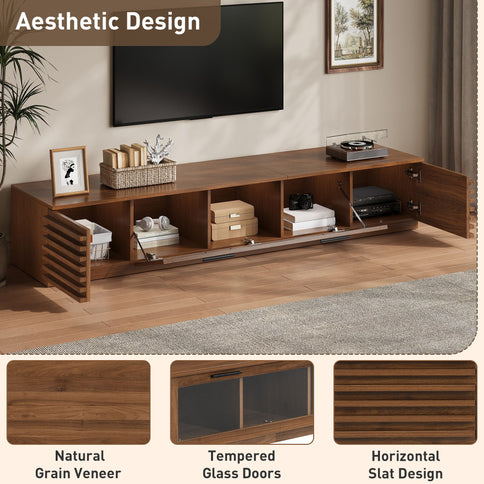 TV Stand With LED Lighting, Soft Closing Hinges, Cable Management - Walnut