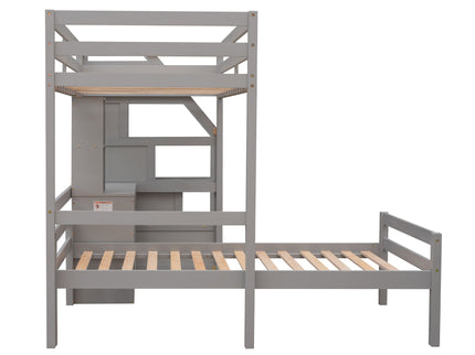 Loft Bed With Stand Alone Bed, Storage Staircase, Desk, Shelves, And Drawers