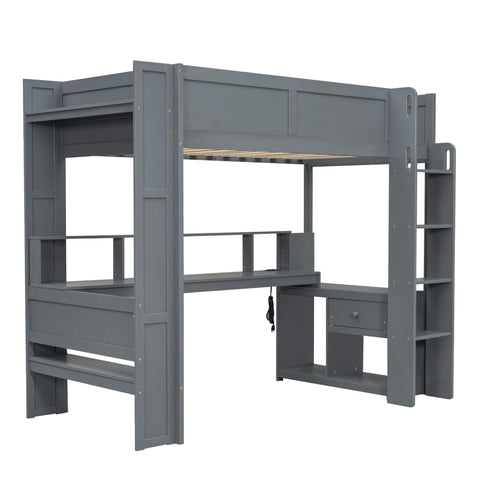 Gaming Loft Bed With Desk, Multi Storage Shelves, LED And Charging Station