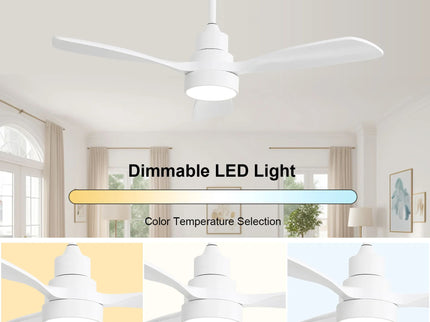 48" Ceiling Fan With Dimmable 3Cct LED Light, DC Motor, Reversible - White