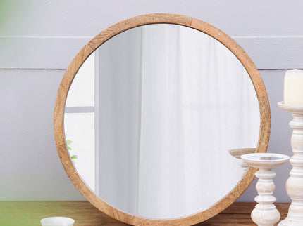 Circle Wall Mirror With Wooden Frame, Wall Mirror For Living Room
