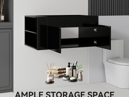 Floating Bathroom Vanity Cabinet, Soft Close Double Drawers, Open Side Storage, Wall Mounted, Cabinet Only