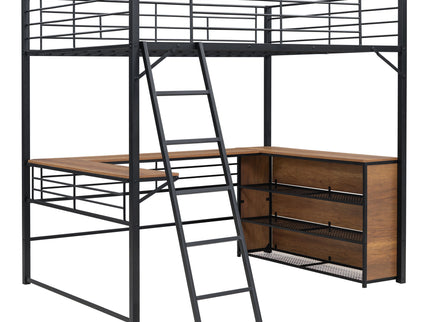 Full Size Loft Bed With 3 Layers Of Shelves And L-Shaped Desk - Black