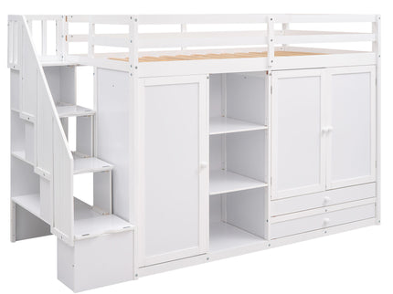 Loft Bed With 3 Shelves, 2 Wardrobes, 2 Drawers, Ladder Storage