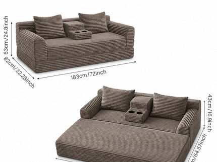 Soft Striped Convertible Sofa Bed, Dual Use Lounge Couch With Cup Holders And Pillows