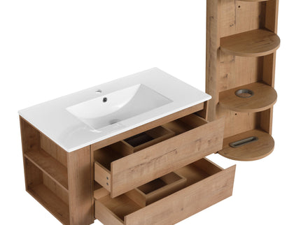 Modern Wall Mounted Bathroom Vanity With Ceramic Sink And Storage Rack, 2 Soft Close Drawers