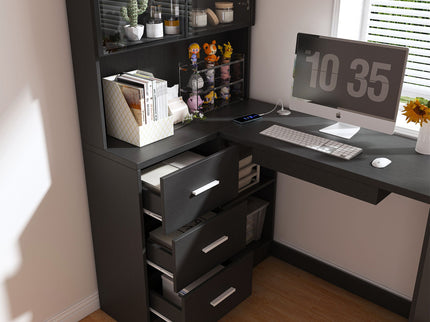 L-Shaped Computer Desk With Glass Cabinets, Built In LED Lights, USB Charging Ports