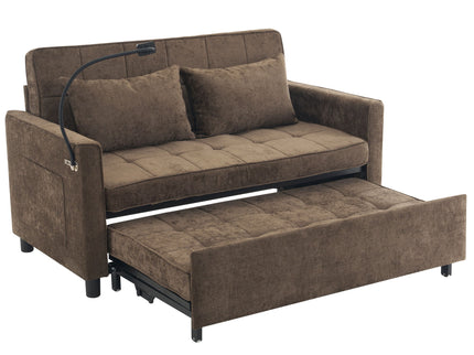 Pull-Out Sleeper Sofa With Reversible Backrest Cushion, Side Pockets, 2 USB Ports And A Phone Holder For Living Room