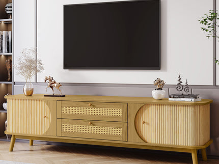 Rattan TV Stand For Tvs Up To 75'', Modern Farmhouse Media Console, Entertainment Center With Legs, TV Cabinet For Living Room, Home Theatre - Natural Wood