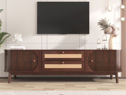 TV Stand For TVs Up To 75'', Cabinet With Drawers And Sliding Doors, Living Room Entertainment Console - Natural Wood / Brown