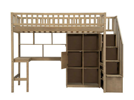 Loft Bed With Built In L Shaped Desk, LED Lights, Storage Shelves, Cabinets, And Staircase