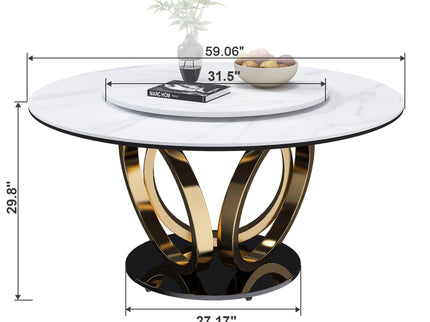Round Dining Table With 360° Smooth Lazy Susan For Dining Room - Gold / Black / White