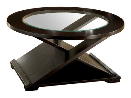 Coffee Table With Cross Design Base, Beveled Glass Top - Espresso