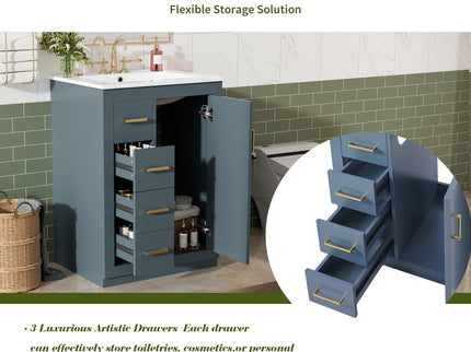 Bathroom Vanity With Integrated Sink, Rectangular Cabinet With 1 Door And 3 Drawers