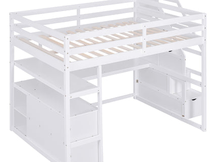 Loft Bed With Desk, Shelves, 2 Drawers, Storage Staircase