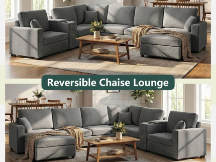 Modular 5 Seat U-Shape Sectional Sofa With Chaise Lounge, Built In Cup Holders And Storage Drawer