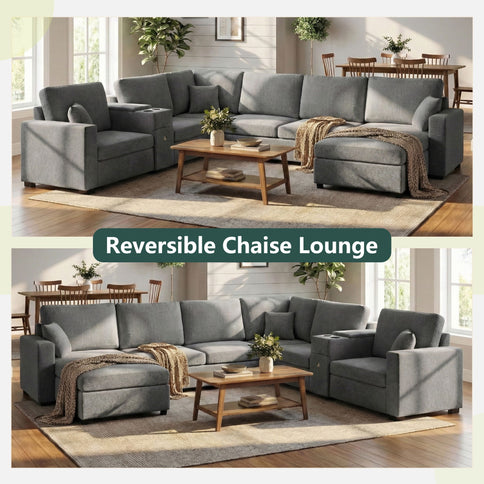 Modular 5 Seat U-Shape Sectional Sofa With Chaise Lounge, Built In Cup Holders And Storage Drawer