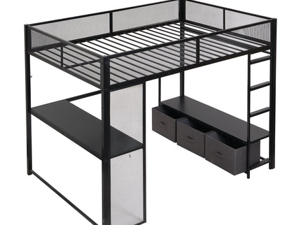 Full Size Gaming Loft Bed With LED Desk, Open Wardrobe, 3 Linen Storage Drawers - Black