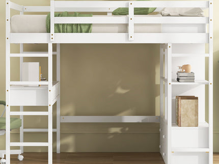 Full Size Loft Bed With Built In Desk, 2 Drawers, Storage Shelves - White