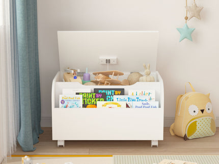Toy Box With 4 Universal Wheels, Kids Playroom Storage Organizer With Front Bookshelf, Flip Top Lid, Safety Hinge - White