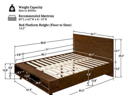 Queen Size Platform Bed Frame With Footboard Storage - Walnut
