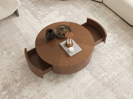 Drum Shaped Coffee Table With Hidden Storage Drawer, Low Profile For Living Room - Walnut