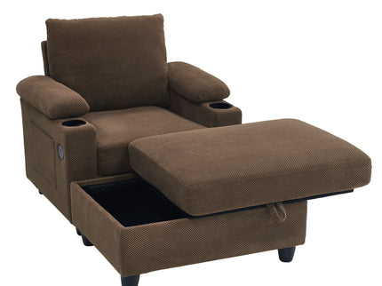 Accent Chair With Storage Ottoman, Reclining Single Chaise Lounge With Cupholders And USB, C Ports