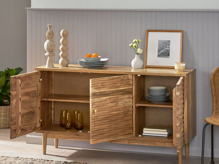 Boho Handcrafted 3 Door Sideboard, Carved Texture & Artisanal Charm - Natural