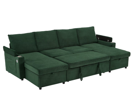 U Shaped Sectional Sofa Bed With Storage Chaise Lounges, USB Ports, And Cup Holders