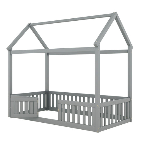 Wood House Bed With Fence And Door