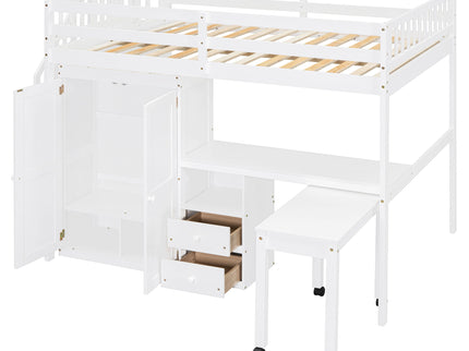 Loft Bed With Stairs, Bookshelf, Drawers, Desk & Wardrobe, Space Saving Multifunctional Furniture