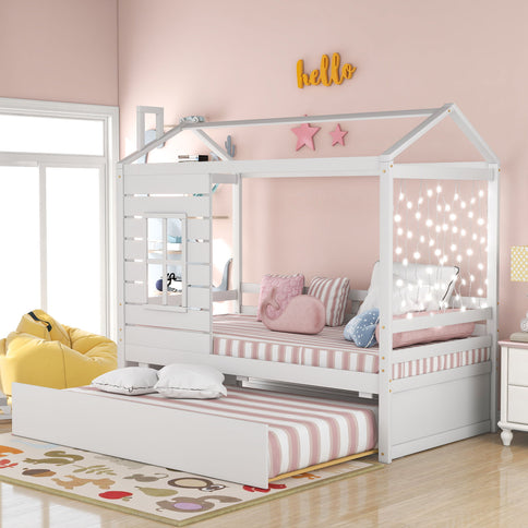 Twin Size Classic House Bed With Twin Size Trundle - White