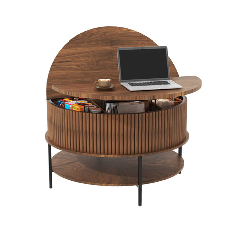 Lift Top Coffee Table, Round Storage Cocktail Table With Reinforced Legs, Safe Rounded Design - Brown