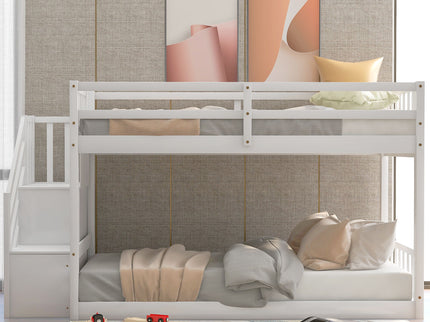 Twin Over Twin Floor Bunk Bed, Ladder With Storage