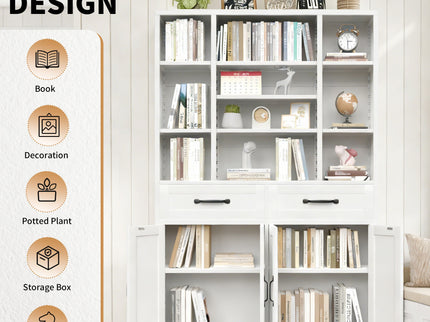 Industrial Bookcase Tall With Adjustable Shelves, Drawers & Doors