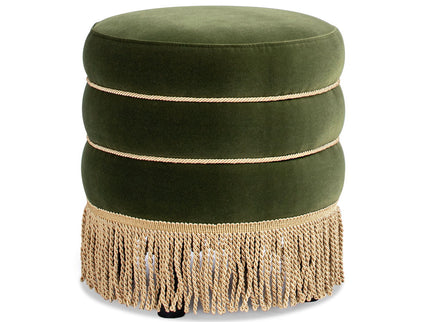 Edward - Round Upholstered Ottoman With Bullion Fringe - Olive Green