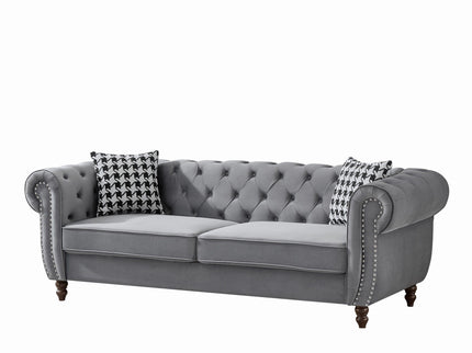 Chesterfield Upholstery Fabric Sofa With Roll Armrest & Nailhead