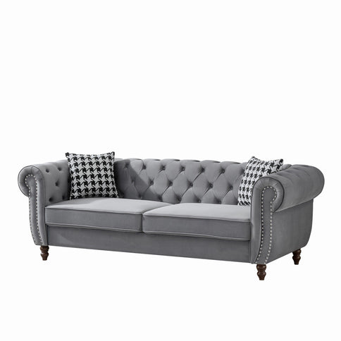 Chesterfield Upholstery Fabric Sofa With Roll Armrest & Nailhead