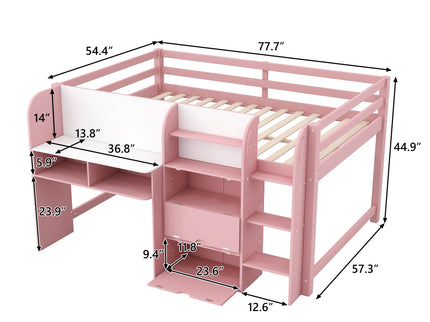 Low Loft Bed With Built In Desk, Storage Cabinets, Open Bookcase And Doodle board