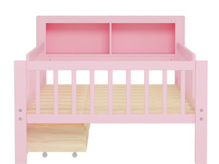 Bed With Headboard Storage Rack, 2 Under Bed Drawers, 3 Side Guardrails For Safety