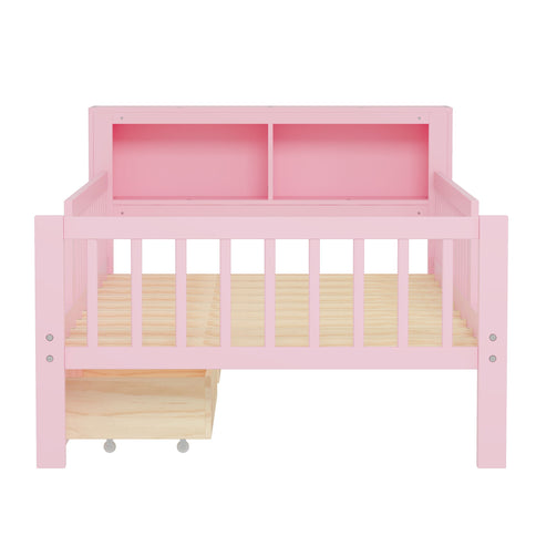 Bed With Headboard Storage Rack, 2 Under Bed Drawers, 3 Side Guardrails For Safety