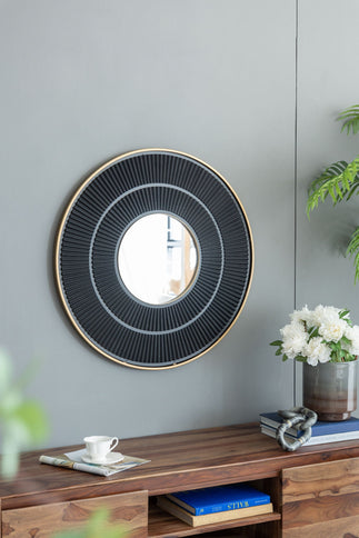 Round Carter Wooden Mirror WithIron Frame Neutral Colorway Wall Decor For Live Space