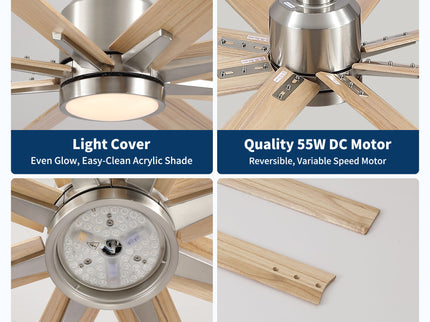 Oversized Large Ceiling Fan With Dimmable LED Light, 8 Blades, Remote Control