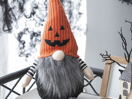Sitting Gnome With Knit Hat, For Halloween Decor - Black / Orange / White