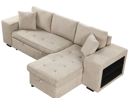 Modern L-Shape 3 Seat Reversible Sectional Couch, Pull Out Sleeper Sofa With Storage Chaise And 2 Stools For Living Room Furniture Set