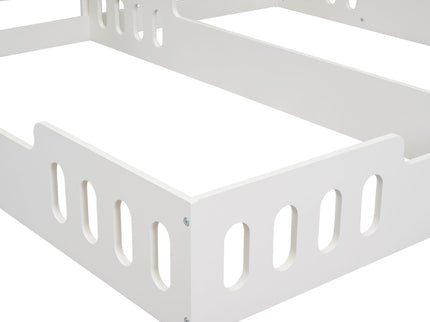 Twin Size Platform Bed With Shared Design, Guardrails, And Built In Shelves - Creamy White